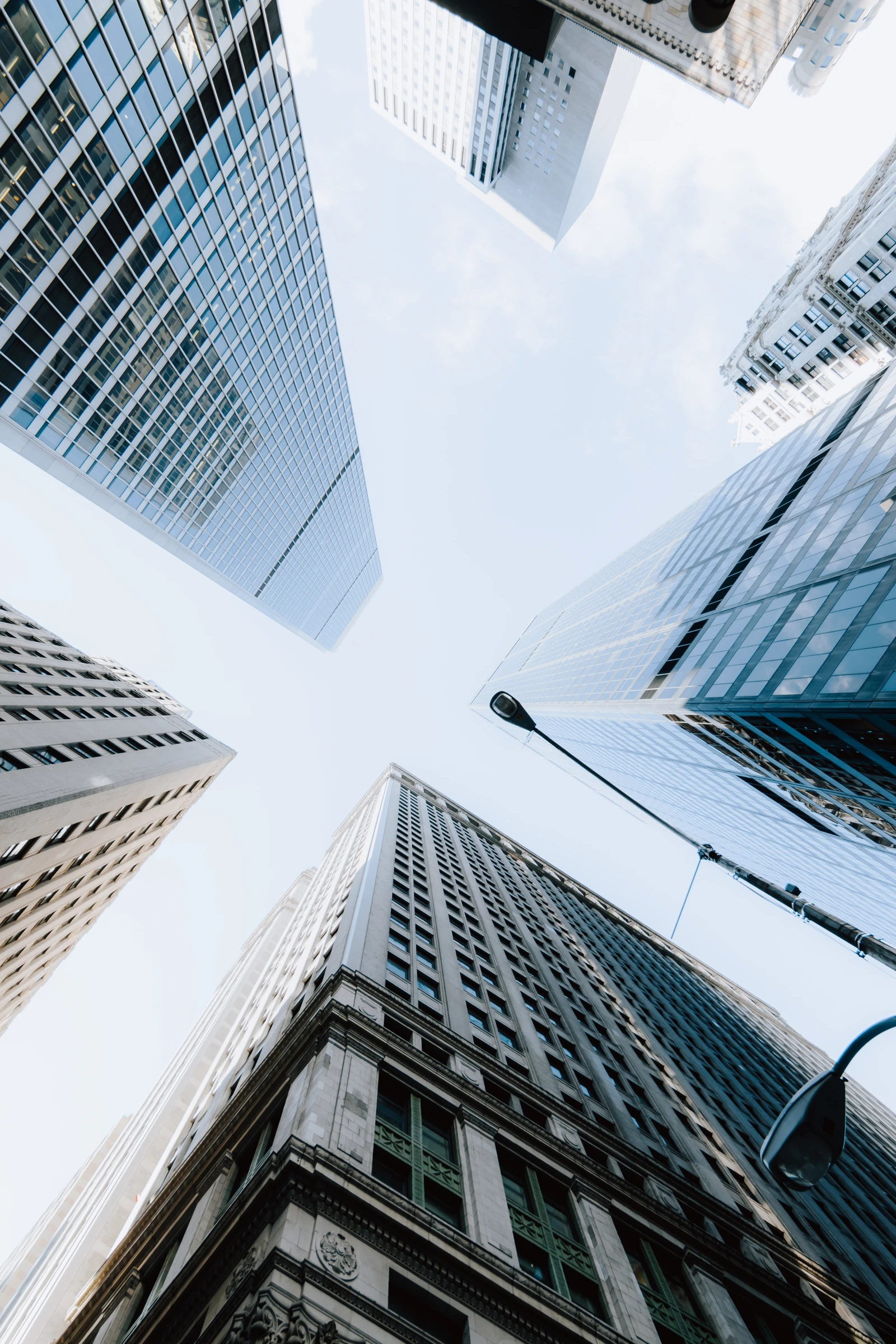View looking up between commercial office towers