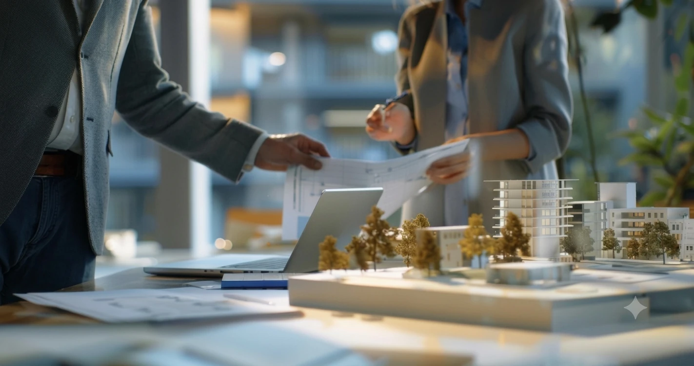 Business advisers reviewing plans beside an architectural model